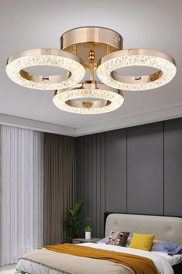 Oylum 3'lü Gold 24 Watt Kristalli Koridor Salon Led Plafonyer Avize